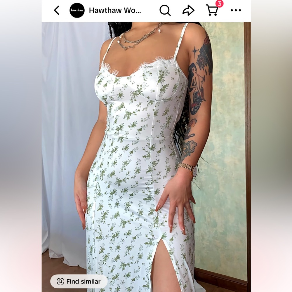 Elegant White Maxi Dress with Green Floral Pattern